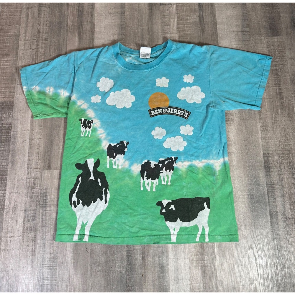 Vintage Ben & Jerry's Euphoria Tie Dye T-Shirt Woody Jackson Cow Print Mens S